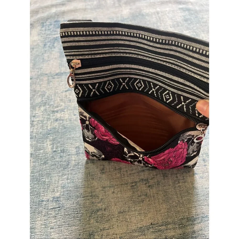 Black Pink Peony Flower Skull Cotton Canvas Two Pocket Crossbody Shoulder Pouch
